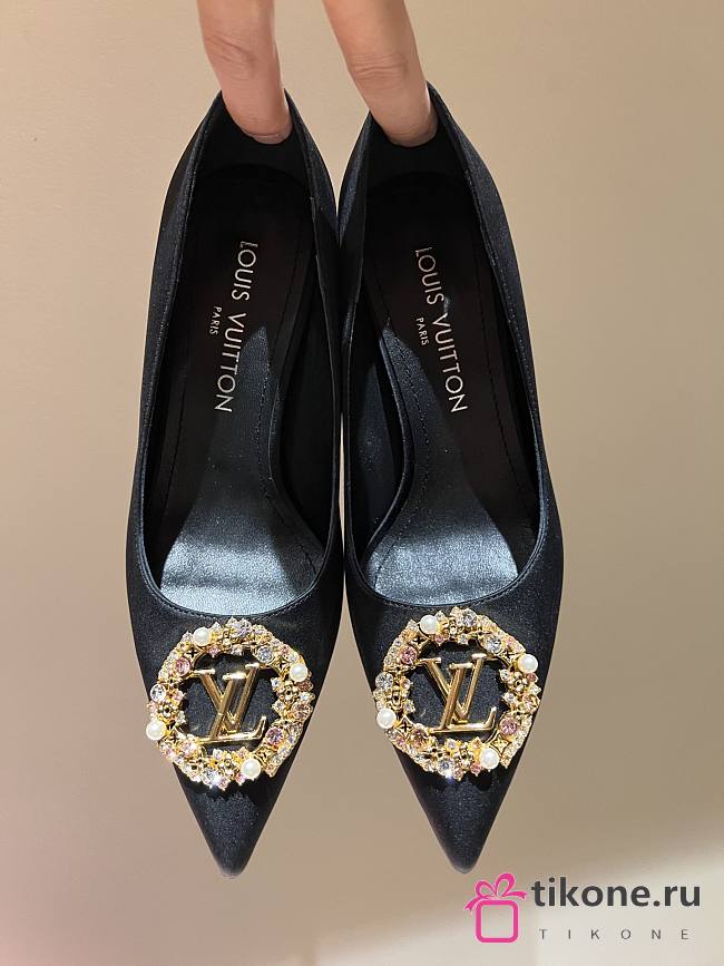 Louis Vuitton Black Silk & Diamond Buckle Pumps Heeled Sandals - 1