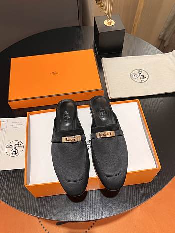 Hermes Kelly Gold Buckle Black Satin Shoes