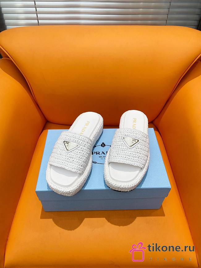 Prada White Raffia Slippers - 1