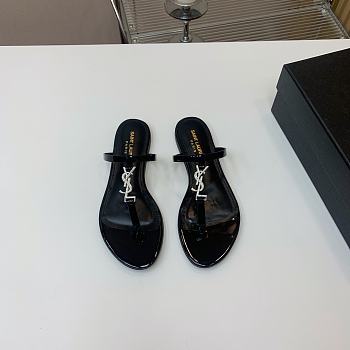 YSL Black Leather Silver Buckle Flat Slippers