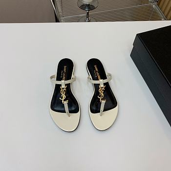YSL White Leather Gold Buckle Flat Slippers