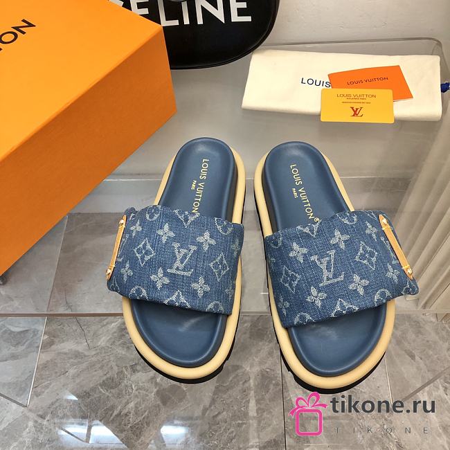 Louis Vuitton Monogram Blue Denim Puffer Slippers - 1