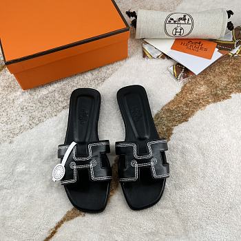 Hermes Oran Black Leather Sandals
