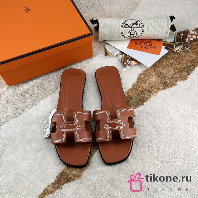 Hermes Oran Brown Leather Sandals - 1