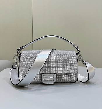 Fendi Baguette Diamond Silver Leather Bag - 27x6x15cm 