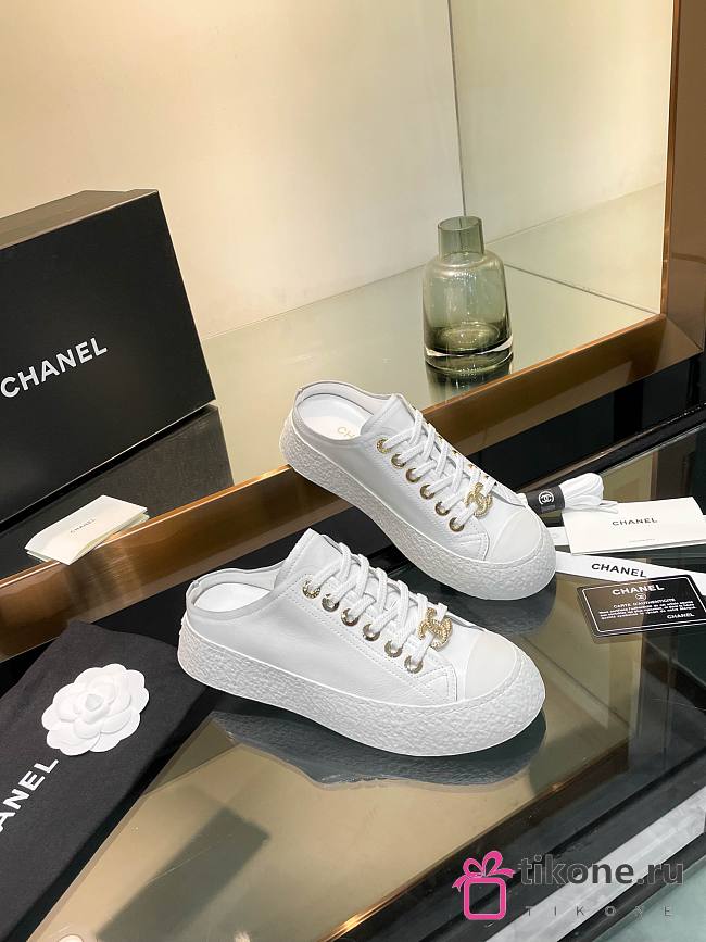 Chanel White Lace-up Sneakers - 1