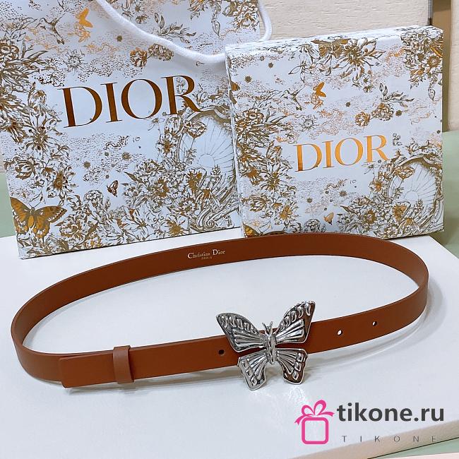 Dior Brown Leather Silver Butterfly Buckle Belt W2cm - 1