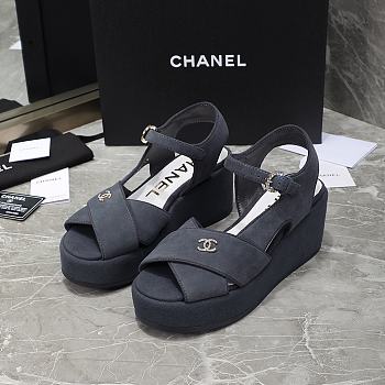 Chanel Dark Blue Velvet Fabric Sandals