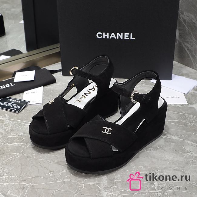 Chanel Black Velvet Fabric Sandals - 1