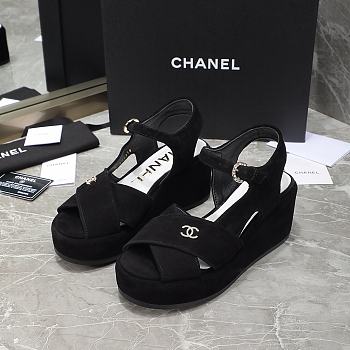 Chanel Black Velvet Fabric Sandals