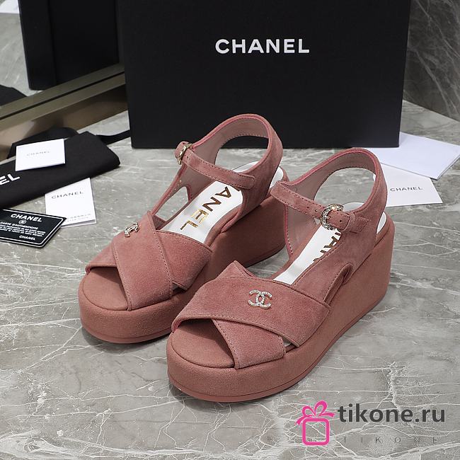 Chanel Pink Velvet Fabric Sandals - 1