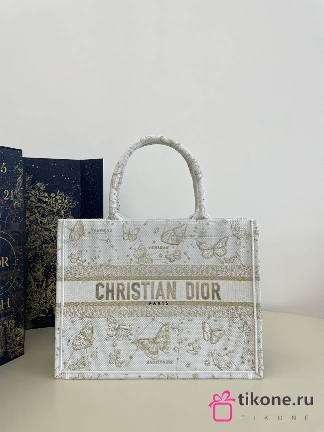 Dior Small Book Tote Gold Tone White Butterfly Zodiac Embroidery 36.5cm - 1