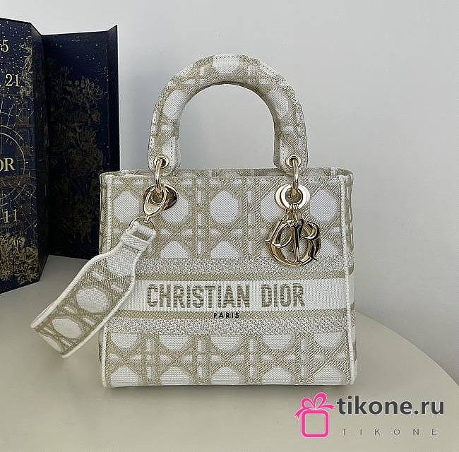 Dior Lady Medium White/ Gold-Tone Canvas Bag - 24x20x11cm - 1