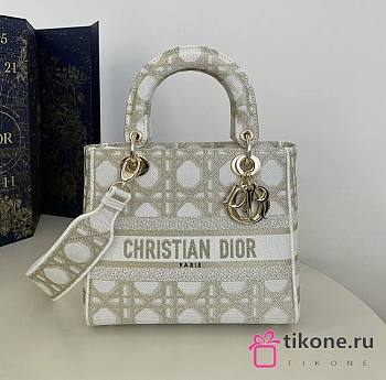 Dior Lady Medium White/ Gold-Tone Canvas Bag - 24x20x11cm