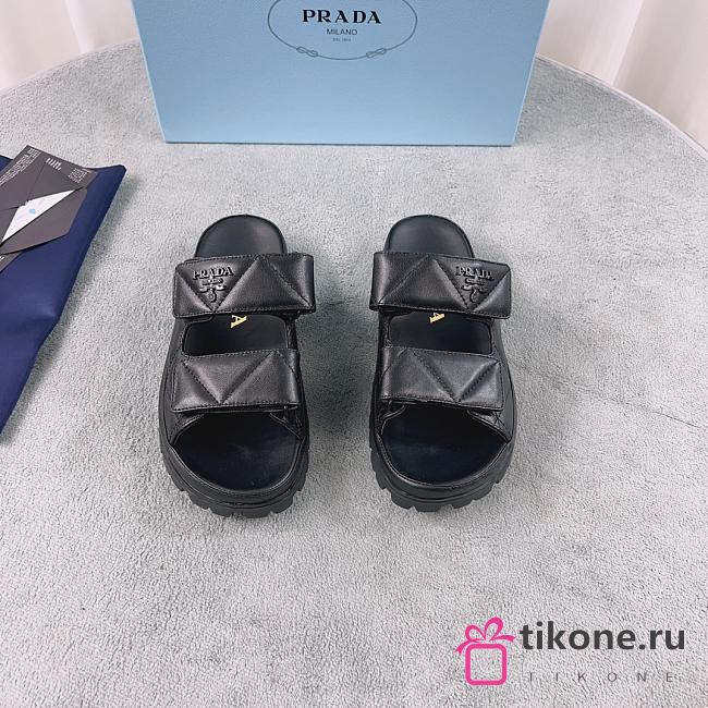 Prada Logo Plaque Quilted Slides In Black - 1