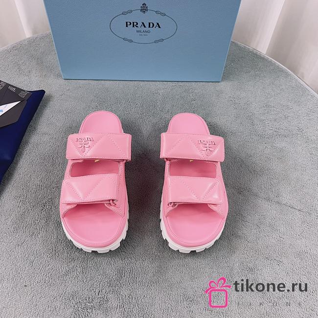 Prada Logo Plaque Quilted Slides In Pink - 1