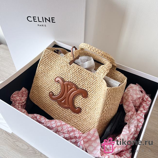 Celine Small Hippo Tie In Raffia & Calfskin Tan - 27x19x13cm - 1