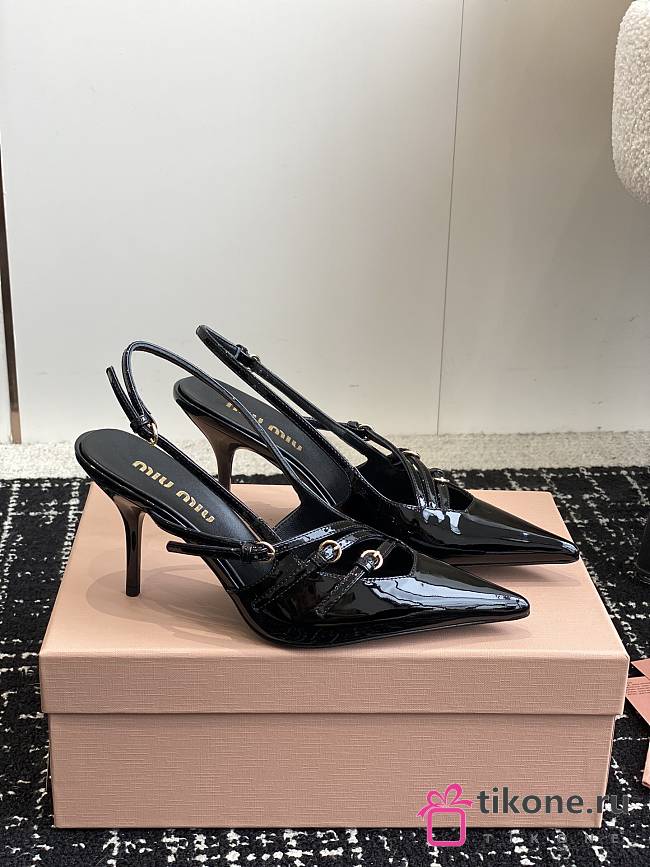 Miumiu Patent Black Leather Slingbacks With Buckles - 1