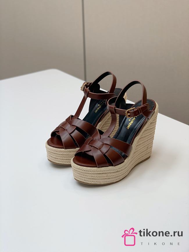 YSL Calfskin 85 Platform Espadrille Wedge Brown Sandals  - 1