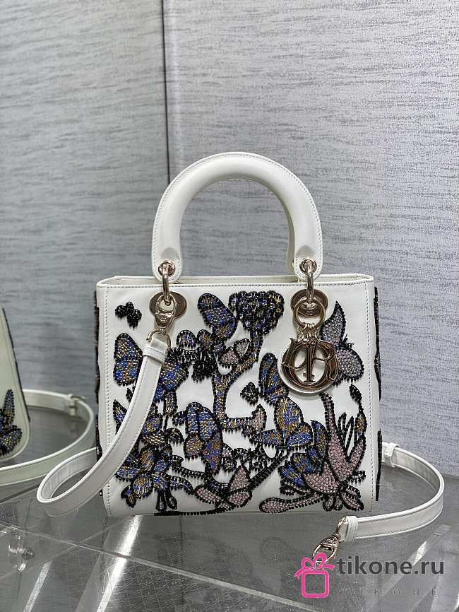 Dior Lady White Leather Butterfly Embroidered Bag - 24x20x11cm - 1