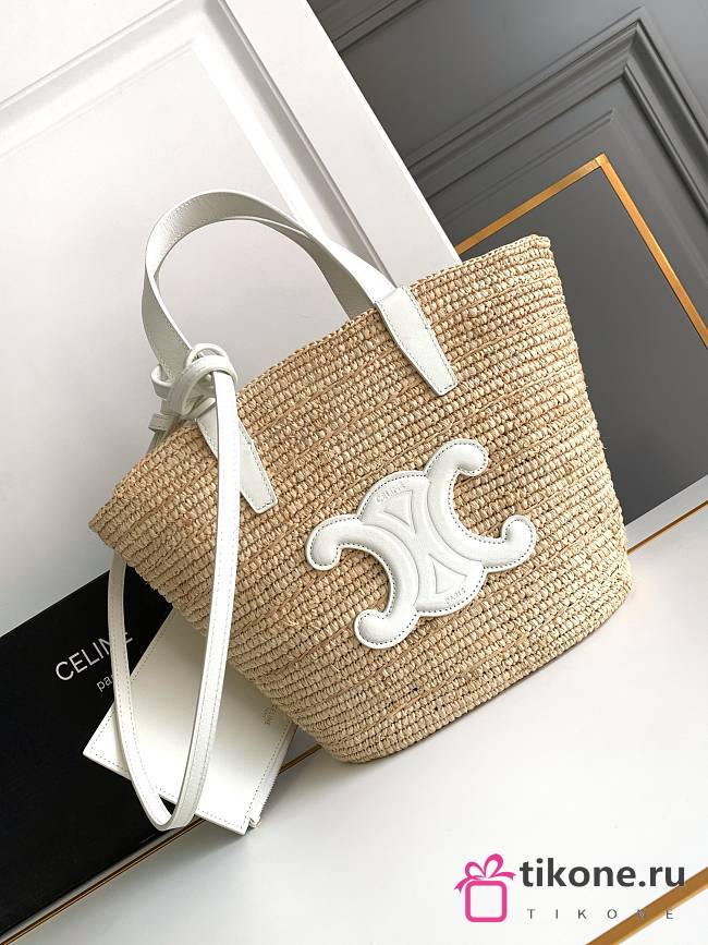 Celine Small Classic Pannier In Raffia And White Calfskin - 21.5x22x13cm - 1