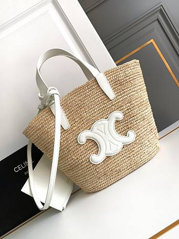 Celine Small Classic Pannier In Raffia And White Calfskin - 21.5x22x13cm