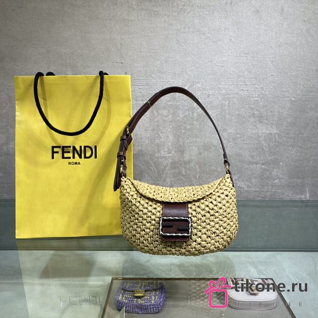 Fendi Small Croissant Hobo Bag In Woven Straw Beige 29cm - 1