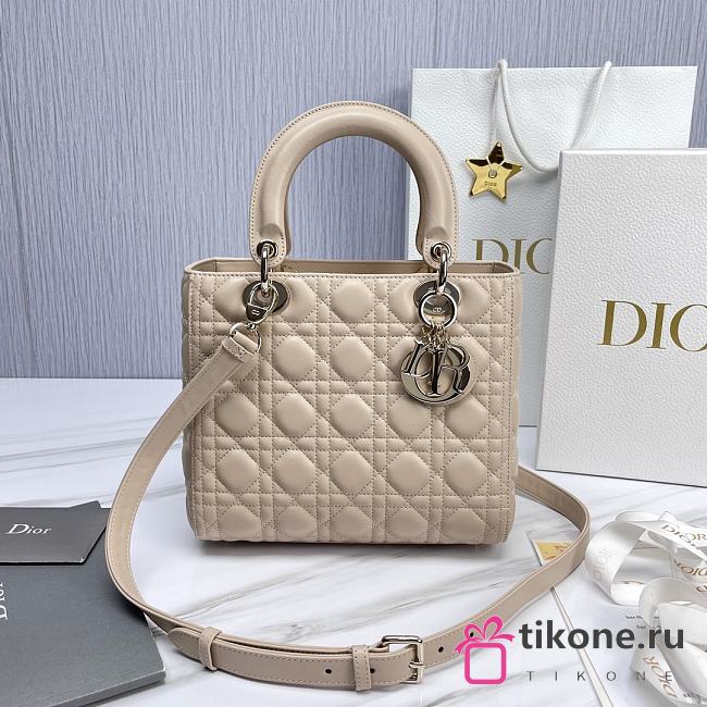 Dior Small Lady Lambskin Cannage In Beige - 24x20x11cm - 1