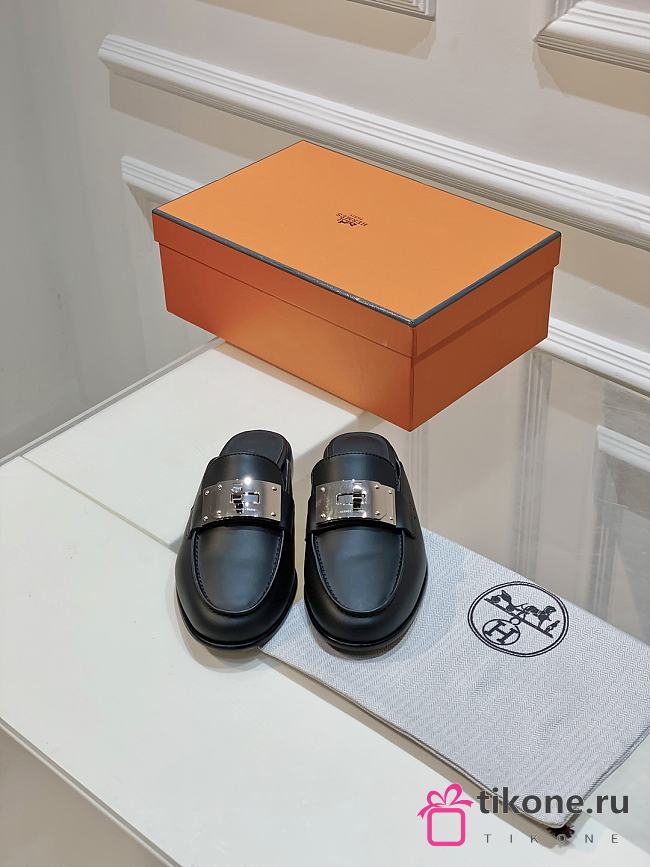 Hermes Black Leather Mules - 1