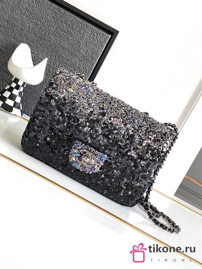 Chanel Sequin Mini Rectangular Flap Black Silver - 20x15x7cm - 1