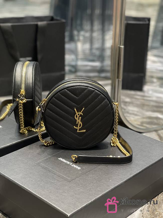 YSL Black Leather Gold Logo Round Bag - 17x17x5.5cm - 1