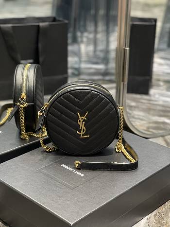 YSL Black Leather Gold Logo Round Bag - 17x17x5.5cm