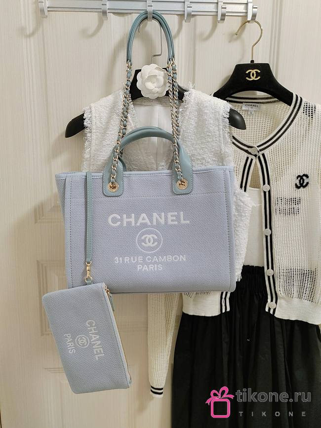 Chanel Small Deauville Shopping Bag In Light Blue Canvas 32cm - 1