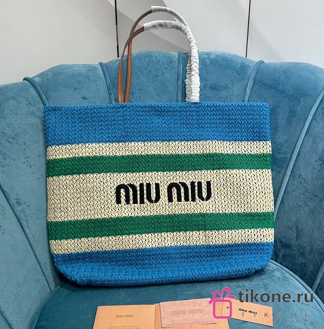 Miumiu Woven Fabric Tote Bag In Blue Green - 40x34x16cm - 1