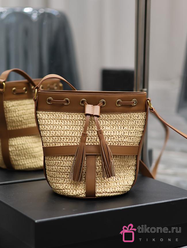 YSL Natural Raffia Brown Leather Bucket Bag - 22×15×15cm - 1