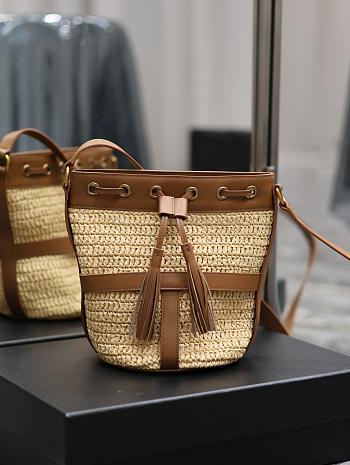 YSL Natural Raffia Brown Leather Bucket Bag - 22×15×15cm