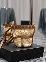 YSL Natural Raffia Brown Leather Bucket Bag - 22×15×15cm - 3