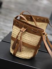 YSL Natural Raffia Brown Leather Bucket Bag - 22×15×15cm - 4