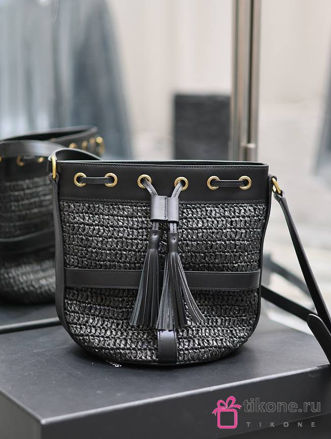 YSL Black Raffia Black Leather Bucket Bag - 22×15×15cm - 1