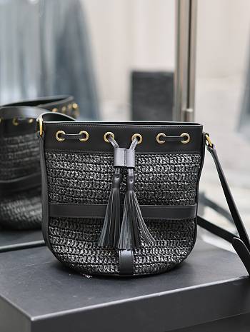 YSL Black Raffia Black Leather Bucket Bag - 22×15×15cm