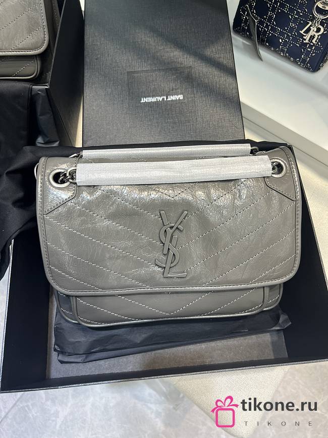 YSL Niki Medium Chain Bag In Grey Leather Calfskin 28cm - 1