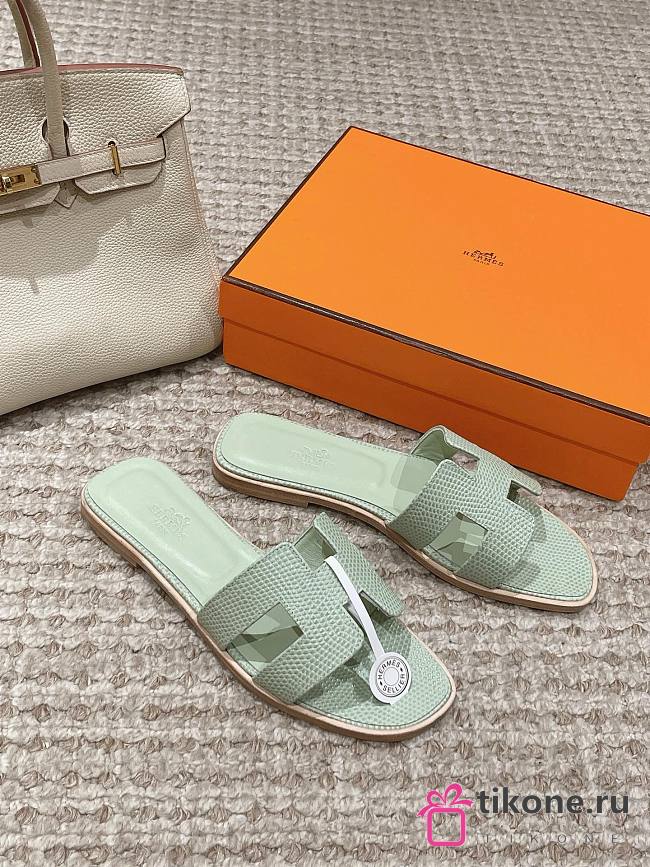 Hermes Slippers In Mint Green Lizard - 1