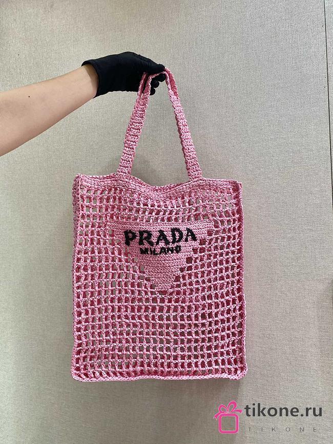 Prada Yarn Raffia Crochet Embroidered Pink Tote Bag - 36x38x3cm - 1