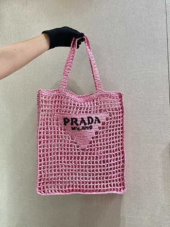 Prada Yarn Raffia Crochet Embroidered Pink Tote Bag - 36x38x3cm