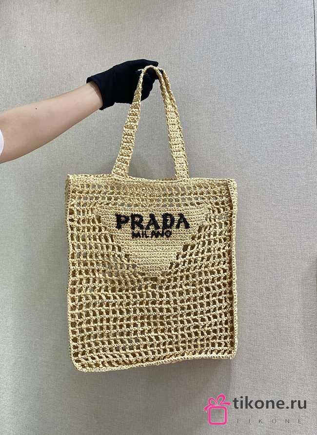 Prada Yarn Raffia Crochet Embroidered Beige Tote Bag - 36x38x3cm - 1