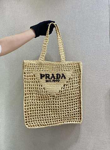 Prada Yarn Raffia Crochet Embroidered Beige Tote Bag - 36x38x3cm