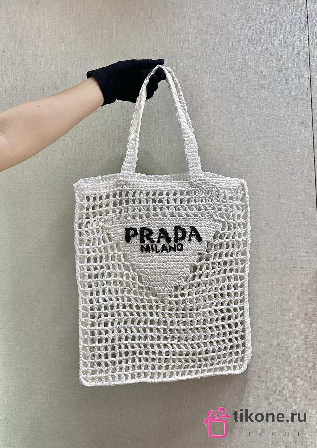 Prada Yarn Raffia Crochet Embroidered White Tote Bag - 36x38x3cm - 1