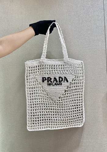 Prada Yarn Raffia Crochet Embroidered White Tote Bag - 36x38x3cm