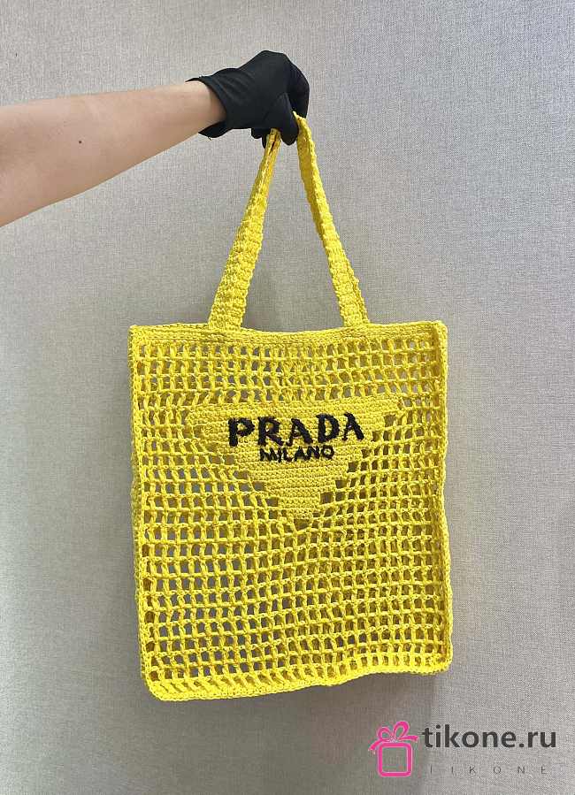 Prada Yarn Raffia Crochet Embroidered Yellow Tote Bag - 36x38x3cm - 1