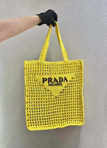 Prada Yarn Raffia Crochet Embroidered Yellow Tote Bag - 36x38x3cm